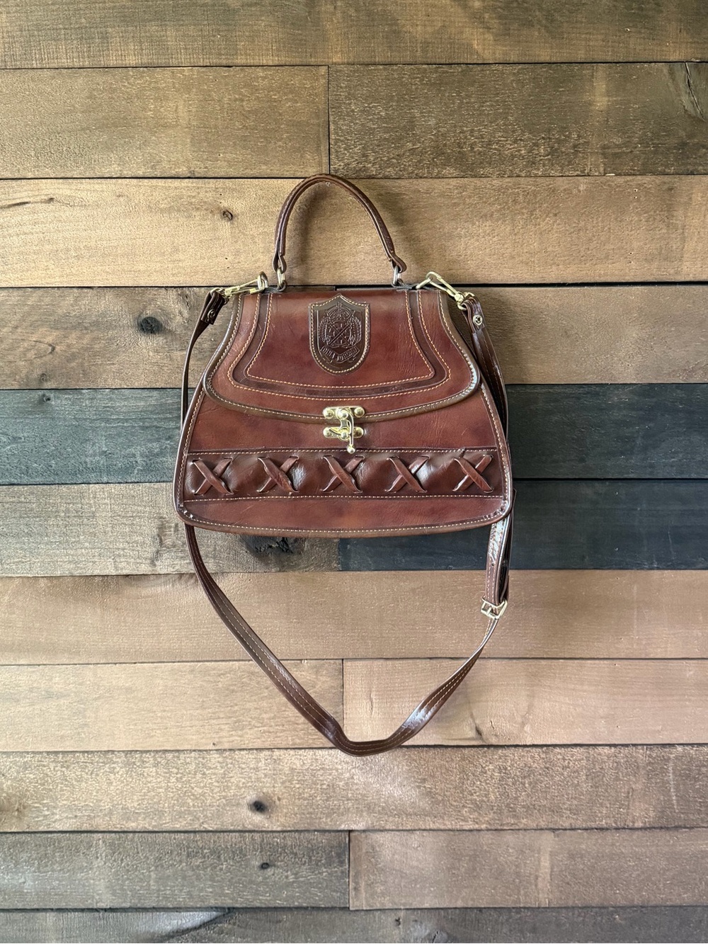 Vintage 70s Brown Top Handle Crossbody Satchel Bag Made In Korea - Picture 8 of 10